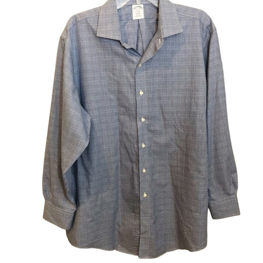 Brooks Brothers 1818 Regent Fit Non-Iron Blue Glen Plaid Dress Shirt 17.5 34/35